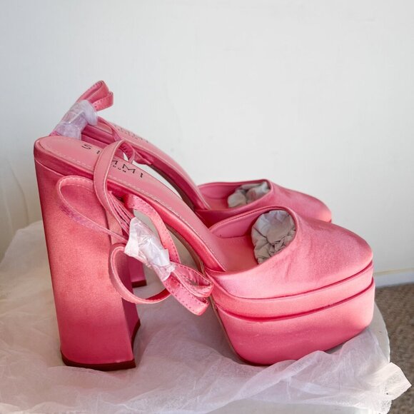 Simmi London Pink Satin Platform Chunky Heel Closed Toe with Buckle Ankle Strap - Picture 2 of 16